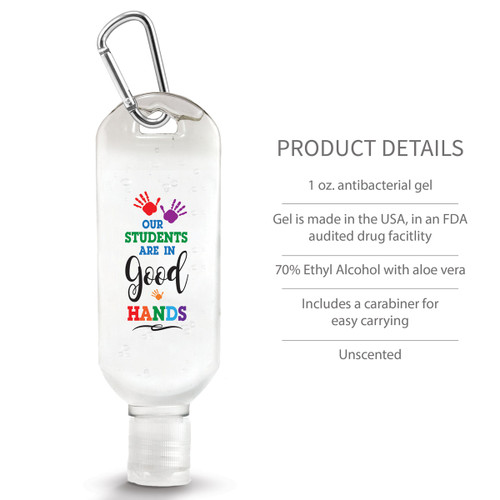 Our Students Are In Good Hands Hand Sanitizer with carabiner and product details