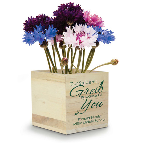 This Natural Pine Wood Plant Kit With Clover Seeds Features The Inspirational Message “Our Students Grew Because Of You"