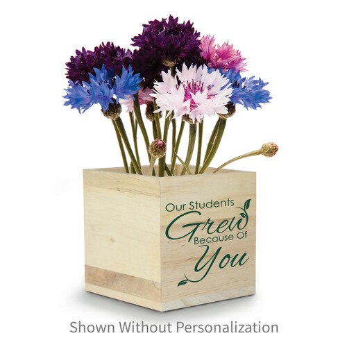 patriotic flowers in a wooden cube with our students grew message