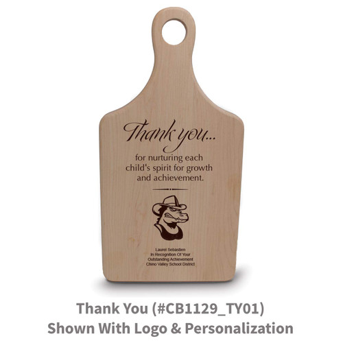 maple paddle cutting board with thank you message