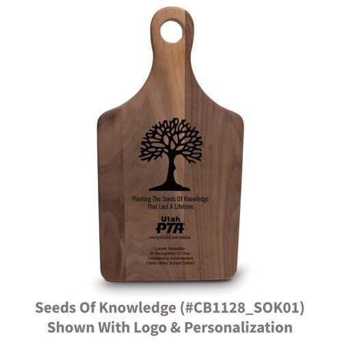 walnut paddle cutting board with seeds of knowledge message