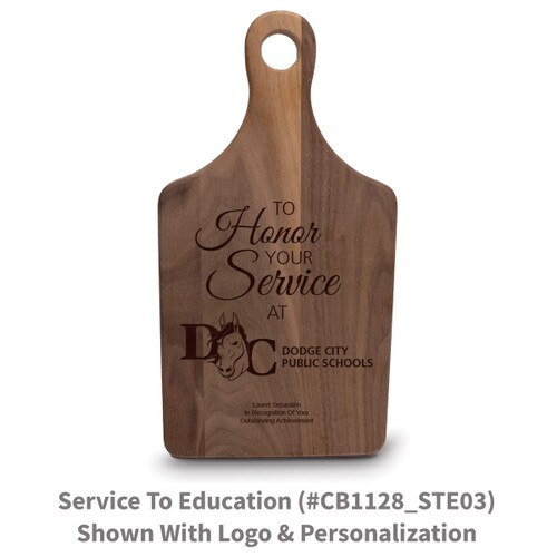 walnut paddle cutting board with to honor your service message