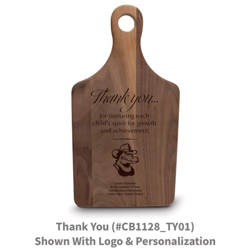 walnut paddle cutting board with thank you message
