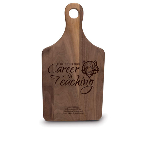 walnut paddle cutting board with career in teaching message