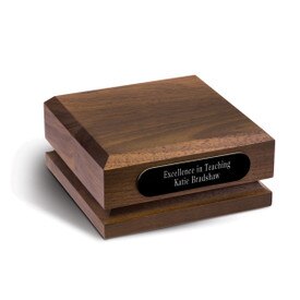 walnut pedestal base with personalized black brass plate