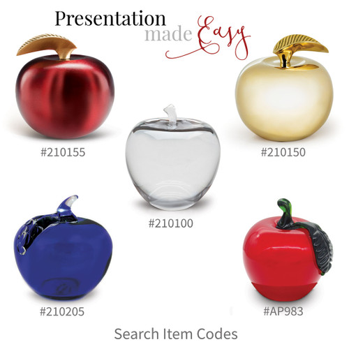 crimson apple, brass apple, crystal apple, blue handblown apple and red glass apple
