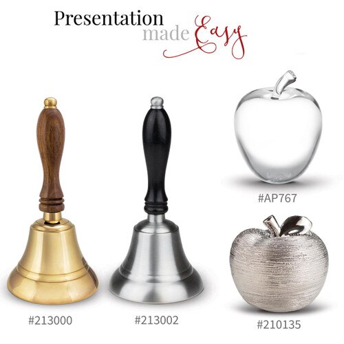 brass bell, pewter bell, crystal apple , and silver spun apple