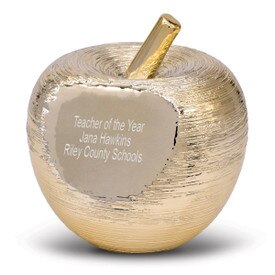 Personalized golden spun apple and stem featuring a smooth area on the front for a personalized message