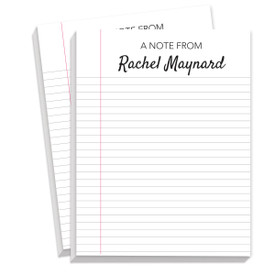 Two notepads featuring a sheet-of-notebook-paper design on the front. 75 sheets each. Personalize with a name