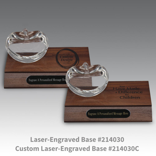 laser engraved walnut bases with black brass plates and center cut optic crystal apples