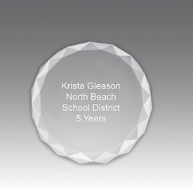 Optic Crystal Faceted Round Paperweight featuring etched personalization.