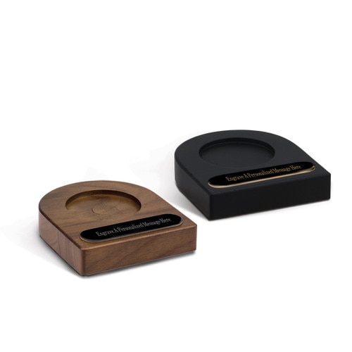 black and brown walnut podium with route bases and personalized black brass plates