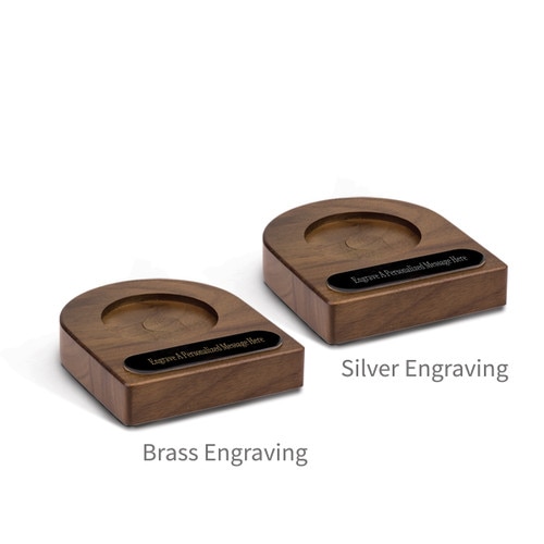 two walnut podium with rout bases and personalized black brass plates