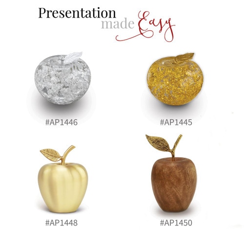 silver and gold handblown apples, brushed gold apple and wood apple
