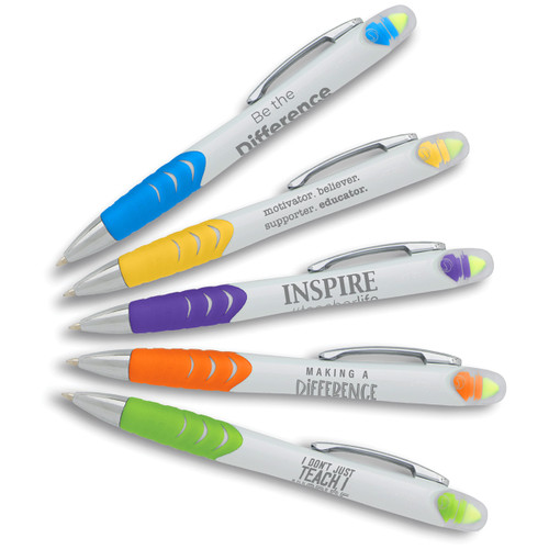 Positive pen pack w/ dual-tip highlighter. 5 white barreled pens with colorful trim and inspirational message. Black ink.