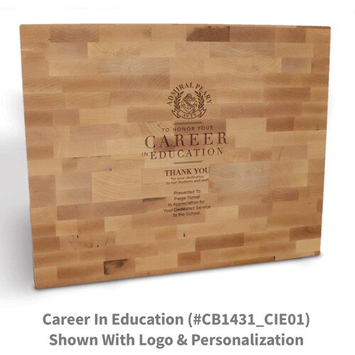 butcher block cutting board with career in education message