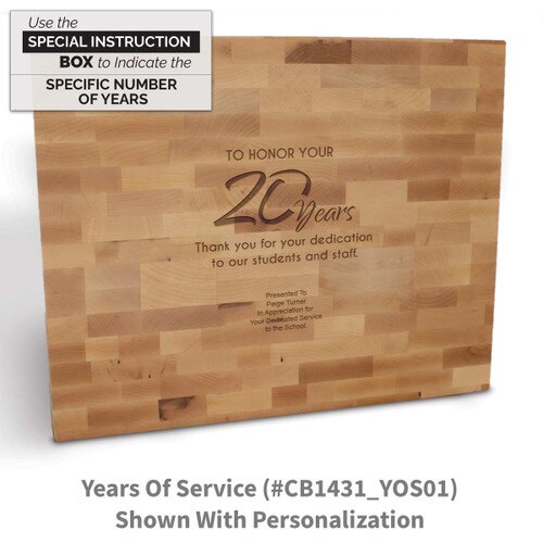 butcher block cutting board with years of service message