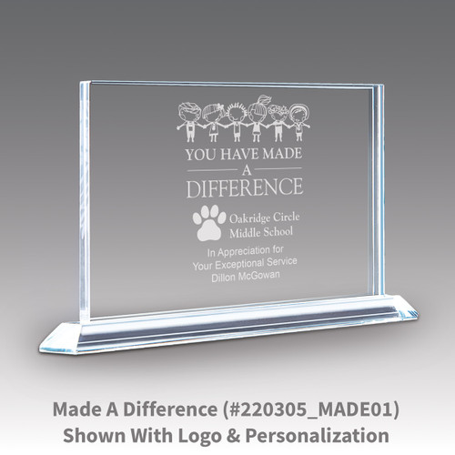 solid crystal tribute award with made a difference message