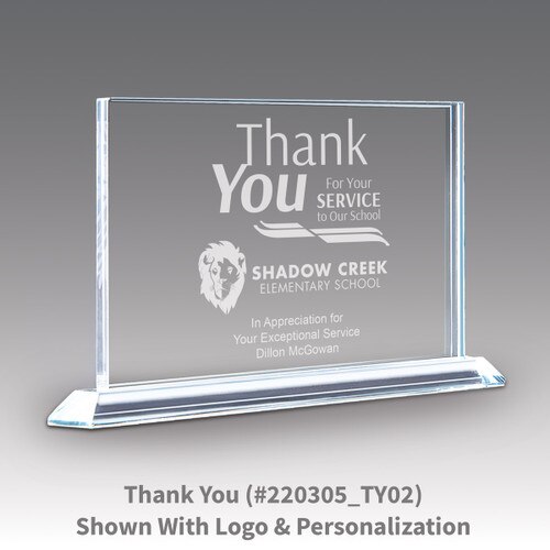 solid crystal tribute award with thank you message