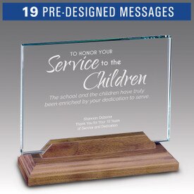 Hand cut premium jade glass in a solid walnut base with etched, pre-designed service to education message.