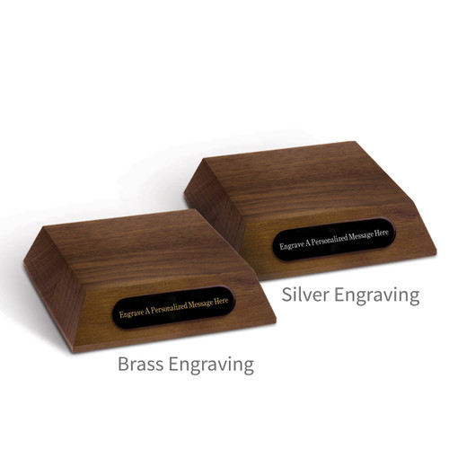 two walnut pyramid bases with personalized black brass plates