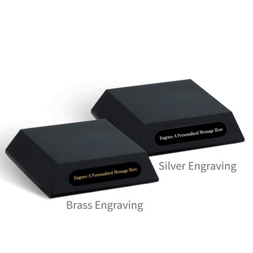 two black walnut pyramid bases with personalized black brass plates