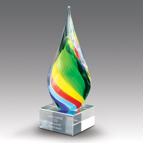 Rainbow Twist Art Glass Award With Blue, Yellow, Red, And Green Swirls On Clear Crystal Base