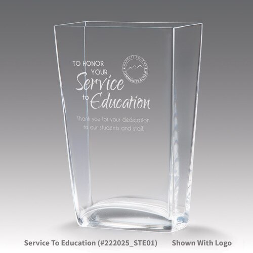 recognition crystal vase with service to education message