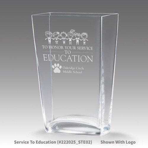 recognition crystal vase with service to education message