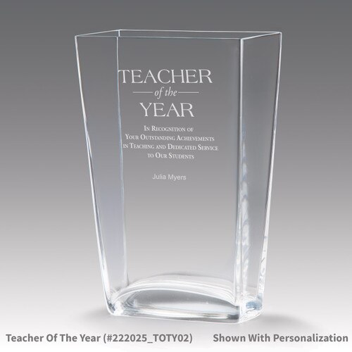 recognition crystal vase with teacher of the year message