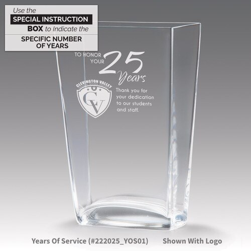 recognition crystal vase with years of service message