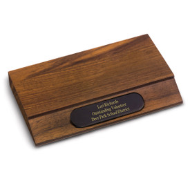 solid walnut rectangle base with personalized black brass plate