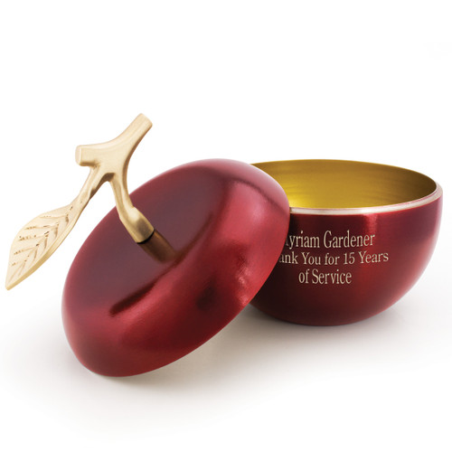 crimson apple dish with brass stem and personalization