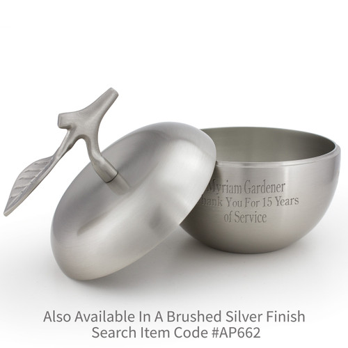 silver apple dish with brass stem and personalization