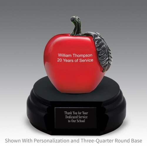 red glass apple with black three quarter round base with personalization