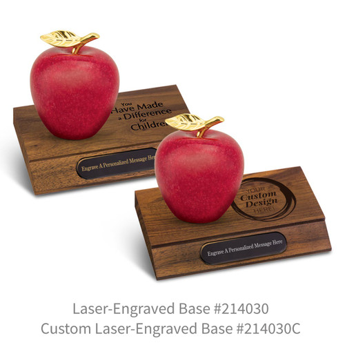 laser engraved walnut bases with black brass plates and marble apples