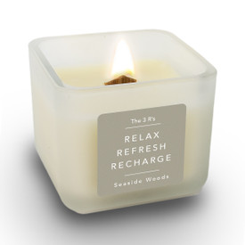 16 oz. Soy Wax Candle With Wooden Wick featuring The 3R’s Relax, Refresh, Recharge message. Refreshing Seaside Woods scent. 