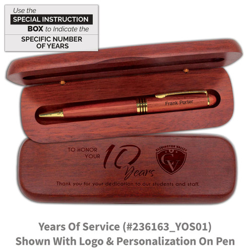 rosewood pen case set with years of service message