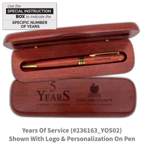 rosewood pen case set with years of service message