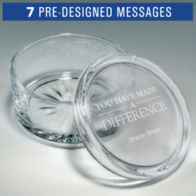 Round Crystal Trinket Box With Lid featuring etched pre-designed service to education messages