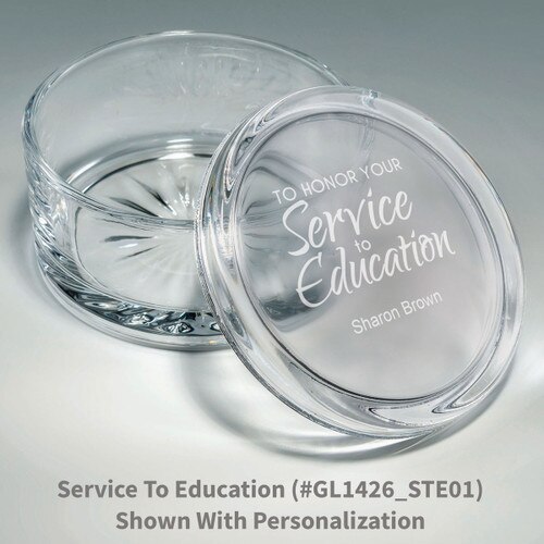 round crystal box with service to education message