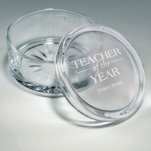 round crystal box with teacher of the year message