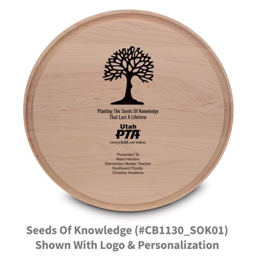 maple round cutting board with seeds of knowledge message