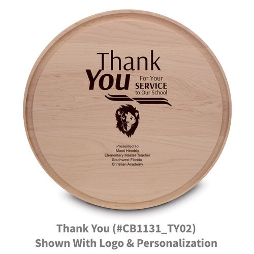 maple round cutting board with thank you message