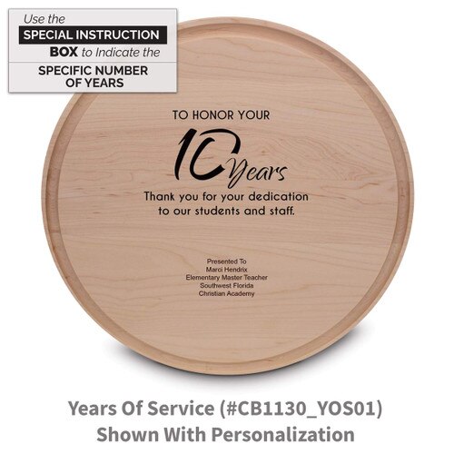 maple round cutting board with years of service message