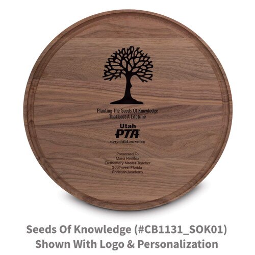 walnut round cutting board with seeds of knowledge message