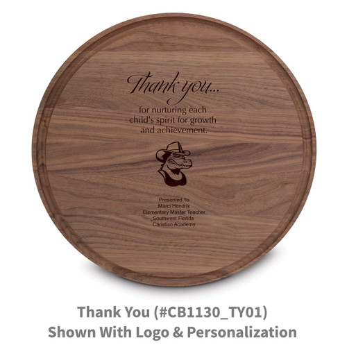 walnut round cutting board with thank you message