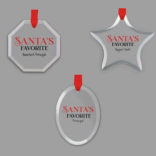 different shapes of crystal ornament with santa's favorite message and satin ribbon