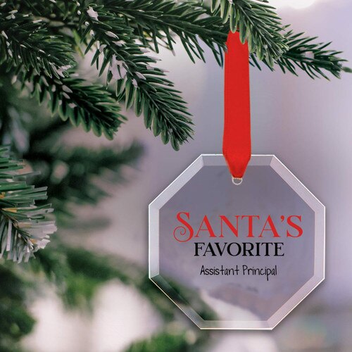 octagon shaped crystal ornament with santa's favorite message and red satin ribbon
