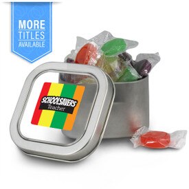 Square Candy Tin Filled With LifeSavers. Features Full Color Sentiment: School Savers